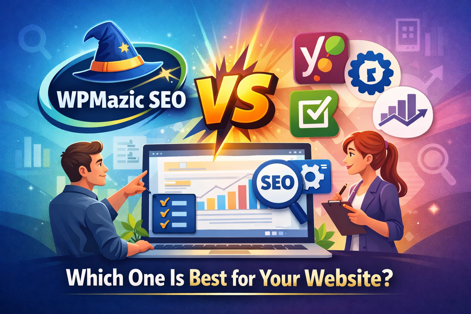 WPMazic SEO vs Rank Math vs Yoast comparison dashboard illustration